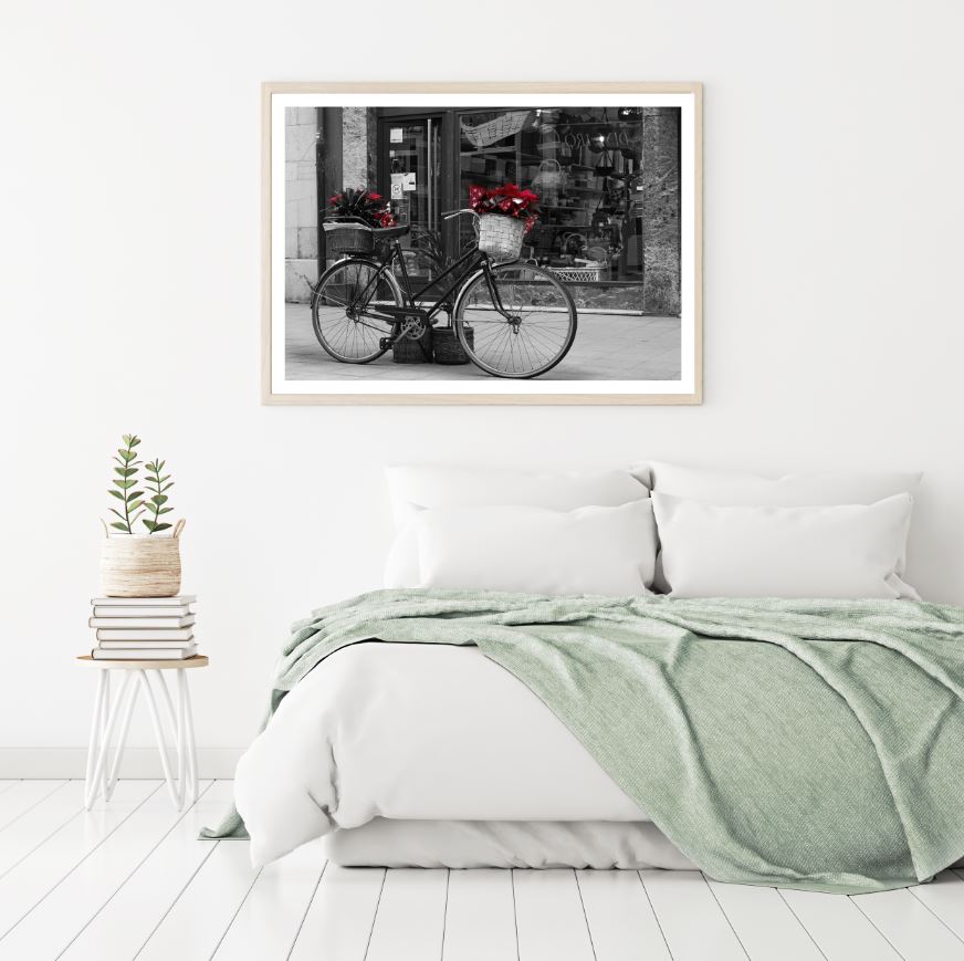 Bicycle with Flowers B&W Photograph Home Decor Premium Quality Poster Print Choose Your Sizes