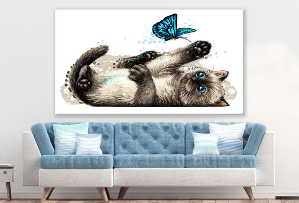 Cat Blue Butterfly Playing Painting Print 100% Australian Made