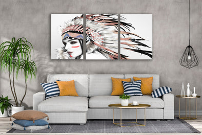 3 Set of Woman Portrait with Feather Headdress Painting High Quality Print 100% Australian Made Wall Canvas Ready to Hang