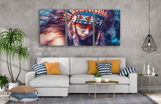 3 Set of Woman Portrait with Feather Headdress Photograph High Quality Print 100% Australian Made Wall Canvas Ready to Hang