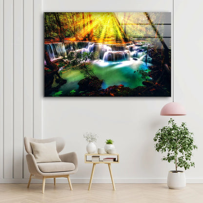 Sunrays on Autumn Forest Waterfall Photograph Acrylic Glass Print Tempered Glass Wall Art 100% Made in Australia Ready to Hang