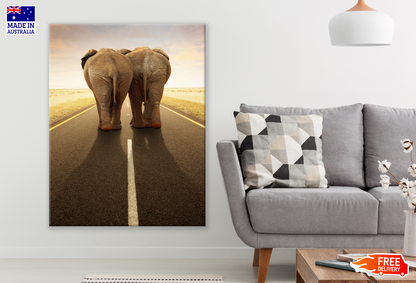 Elephants Walking on Road Photograph Print 100% Australian Made