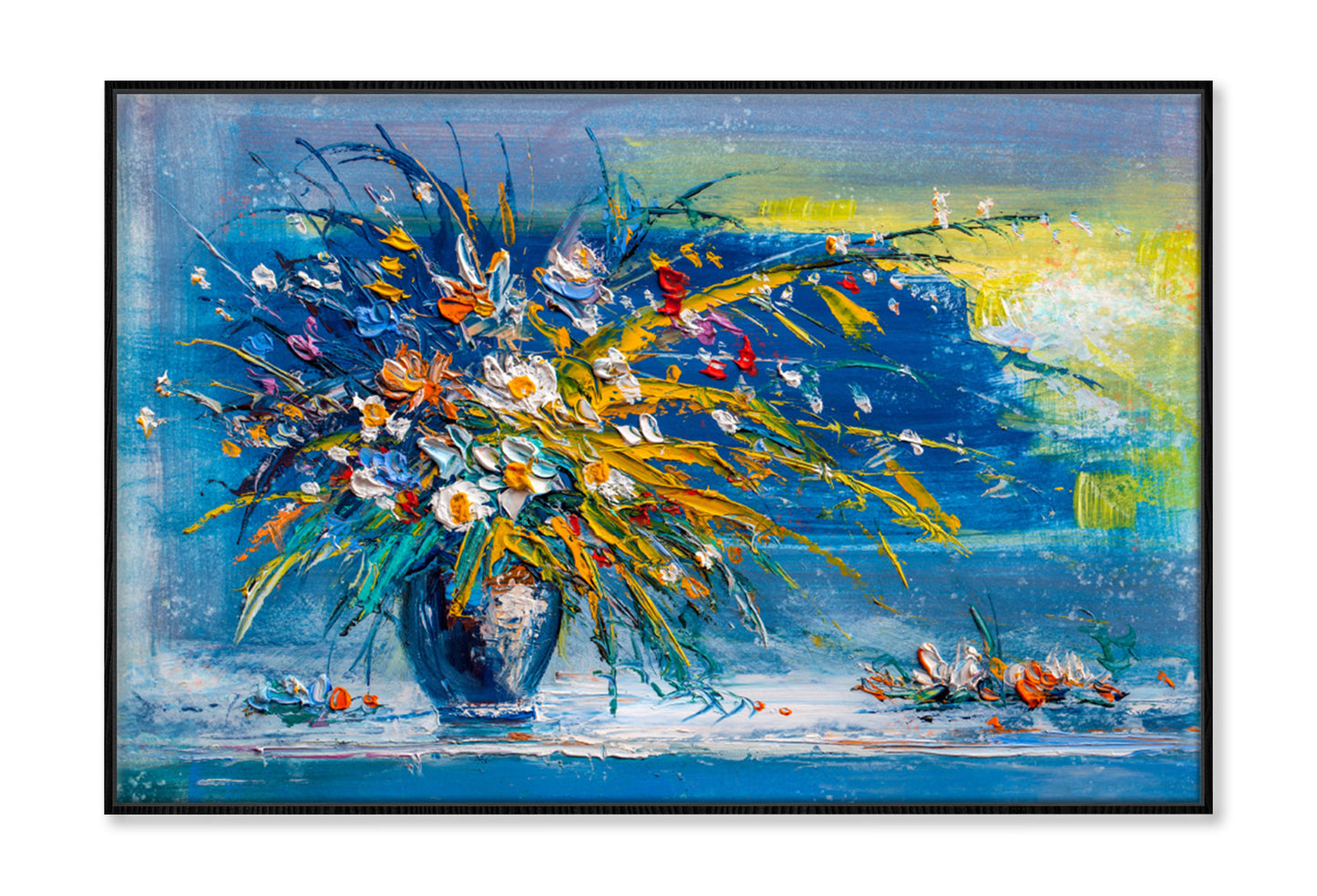 Flowers with Leaves Blue Vase Oil Painting Wall Art Limited Edition High Quality Print Canvas Box Framed Black