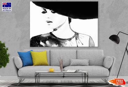 Woman Face with Hat B&W Watercolor Painting Print 100% Australian Made