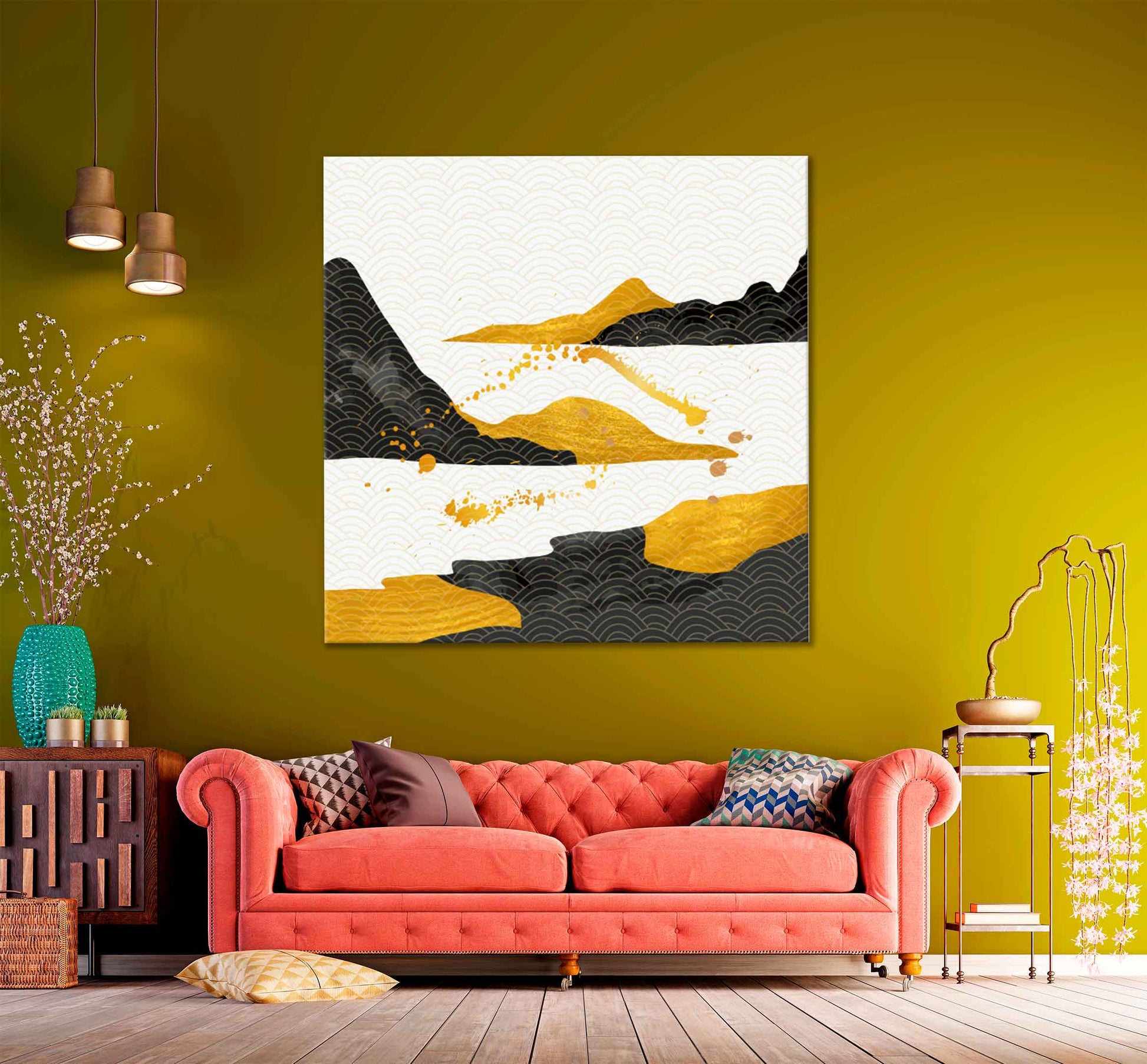 Square Canvas Gold & Black Mountain Vector High Quality Print 100% Australian Made