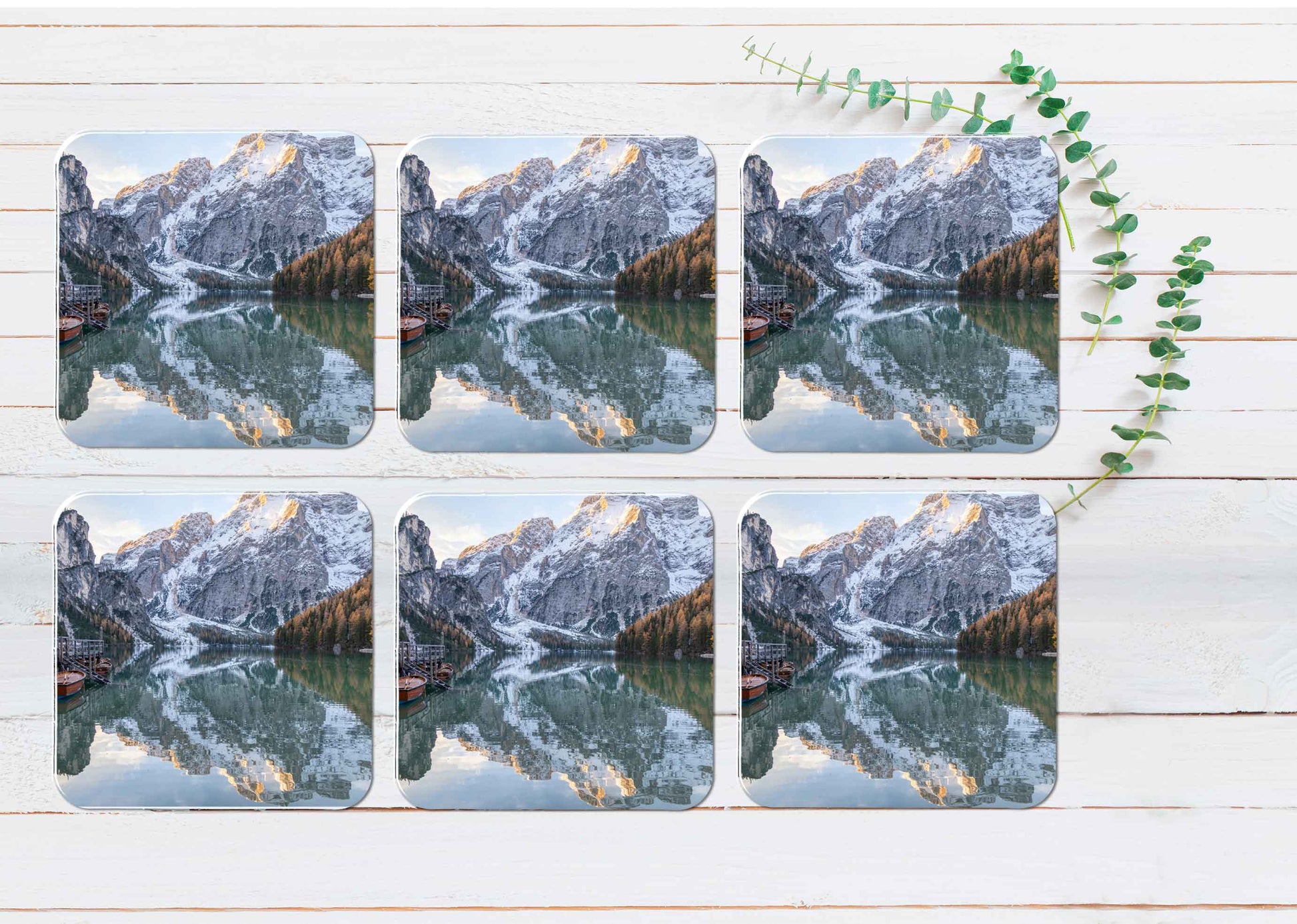 Mountains Lake View Coasters Wood & Rubber - Set of 6 Coasters