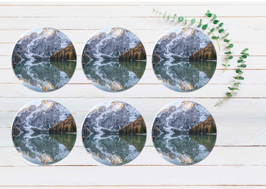 Mountains Lake View Coasters Wood & Rubber - Set of 6 Coasters