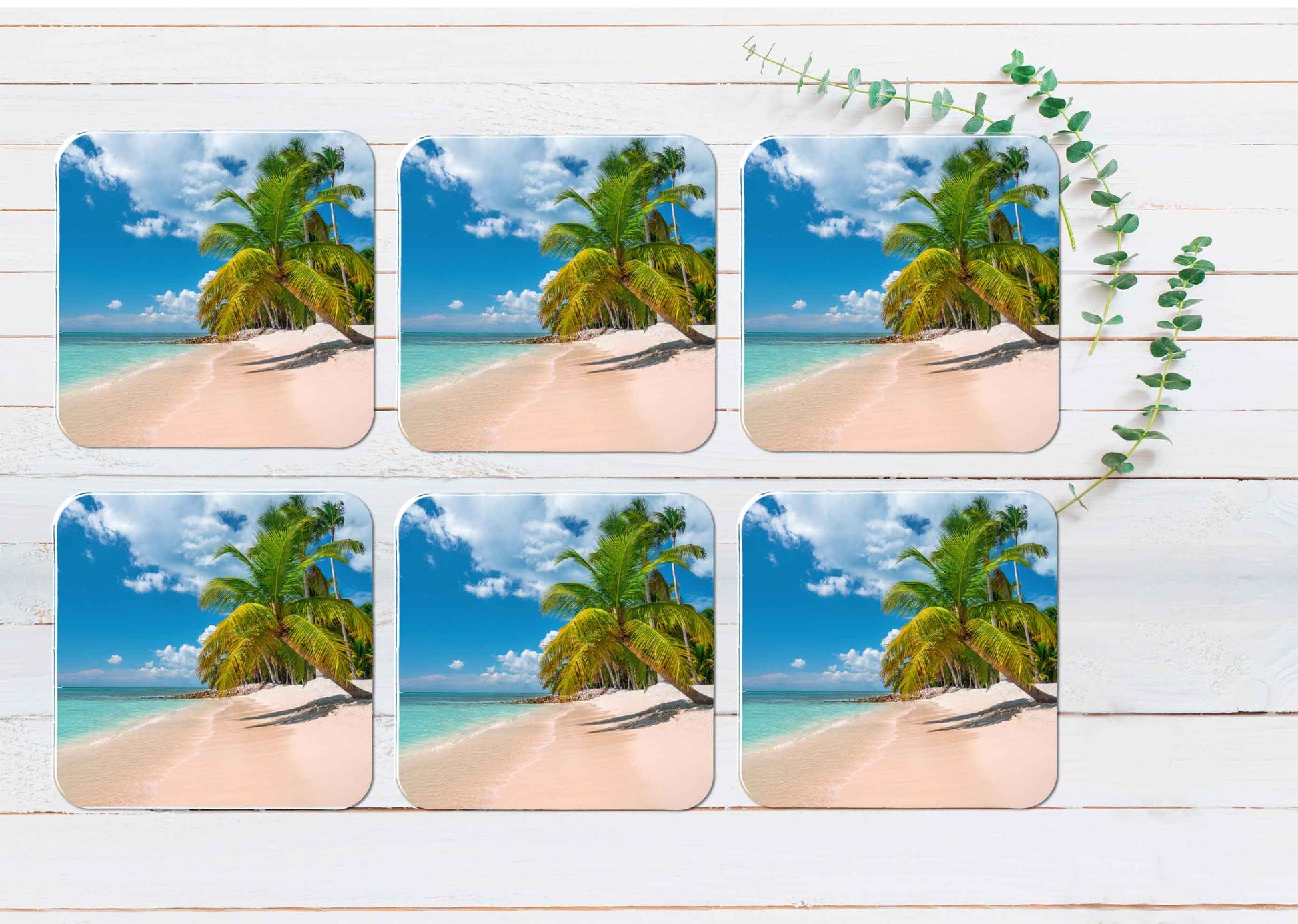 Caribbean Island Palm Trees & Clear Sea Coasters Wood & Rubber - Set of 6 Coasters