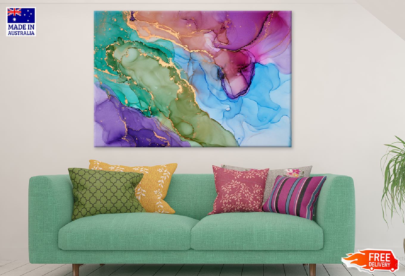 Green Purple Blue & Gold Abstract Design Print 100% Australian Made