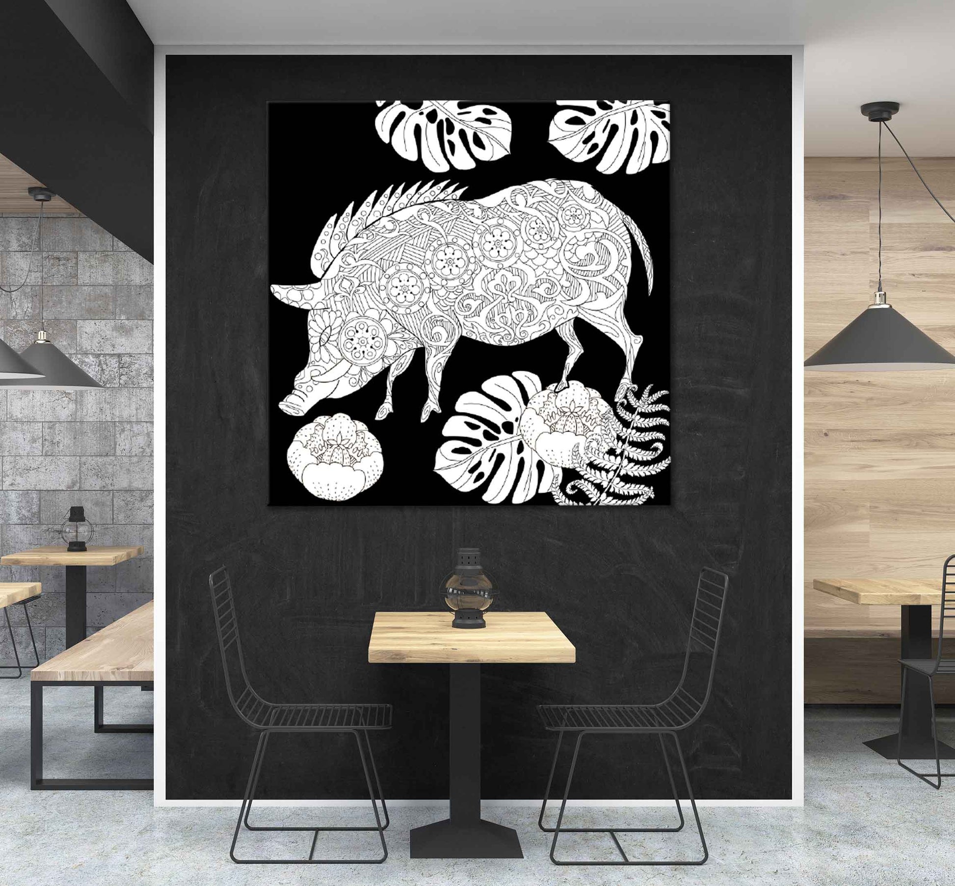 Square Canvas Leaves Pig on Dark B&W Vector High Quality Print 100% Australian Made