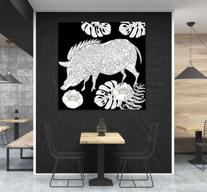 Square Canvas Leaves Pig on Dark B&W Vector High Quality Print 100% Australian Made