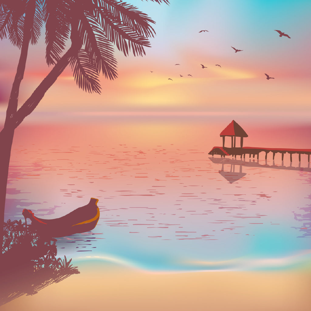 Square Canvas Sunset Tropical Beach Vector Art High Quality Print 100% Australian Made