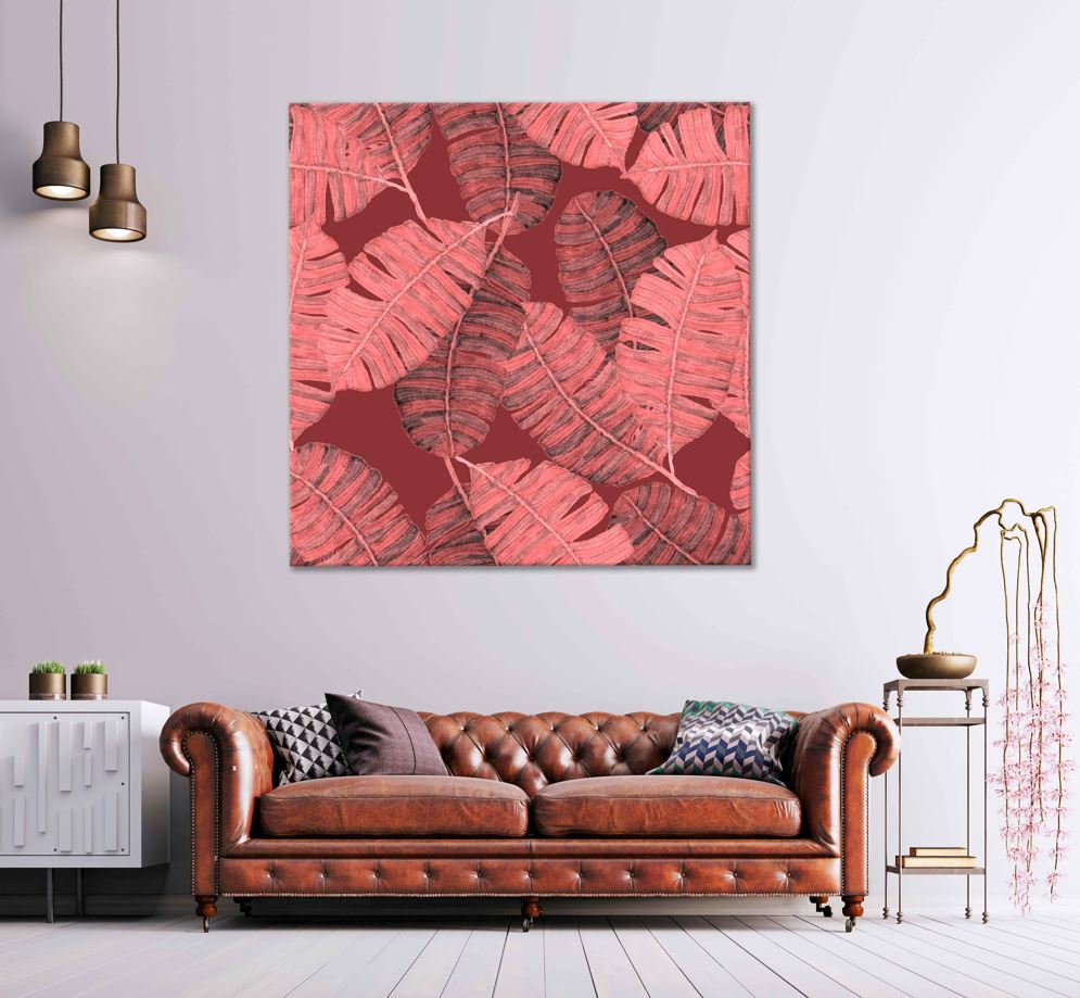 Square Canvas Pink Tropical Leaves Vector Art High Quality Print 100% Australian Made