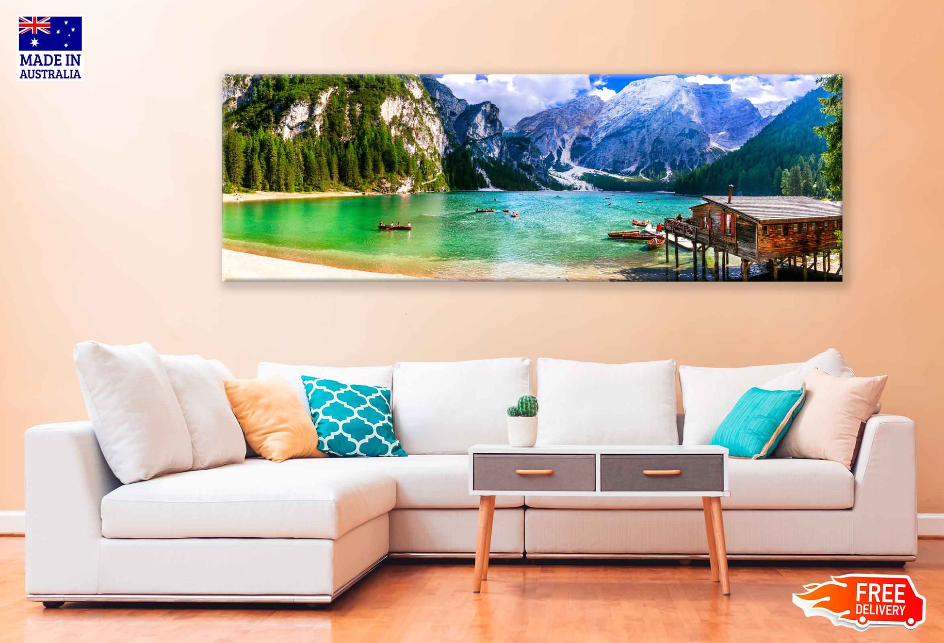 Panoramic Canvas Lago di Braies View Italy Photograph High Quality 100% Australian Made Wall Canvas Print Ready to Hang