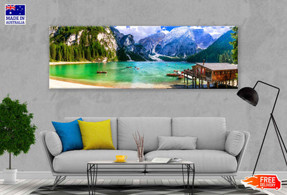 Panoramic Canvas Lago di Braies View Italy Photograph High Quality 100% Australian Made Wall Canvas Print Ready to Hang