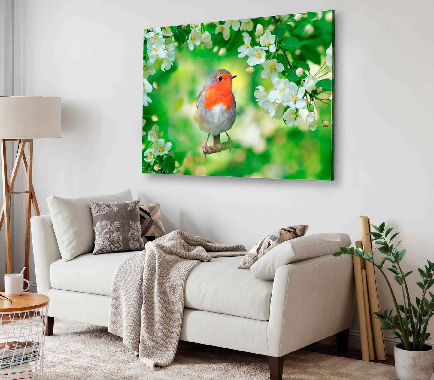 Bella Home Bird Sits on Apple Flower Branch Print Canvas Ready to hang