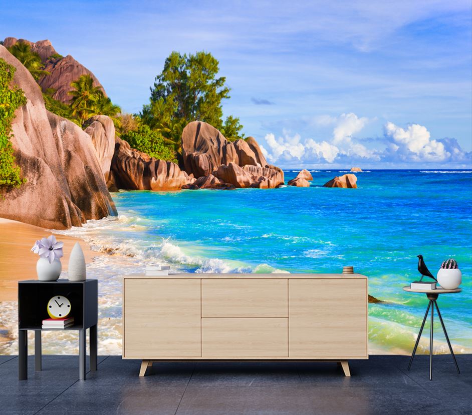 Wallpaper Murals Peel and Stick Removable Beach with Huge Rocks High Quality