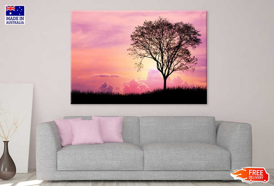 Silhouette Tree & Grass Pink Sky Scenery View Print 100% Australian Made