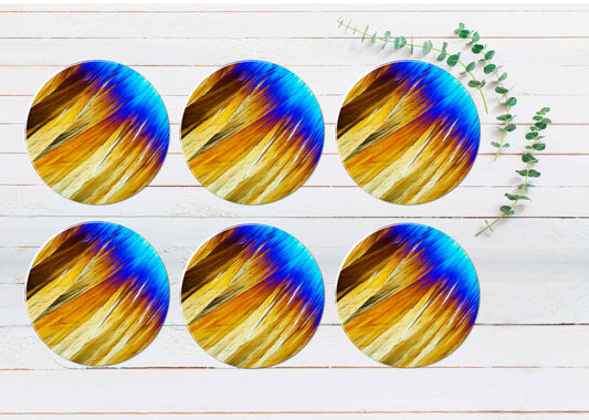 Blue & Gold Feather Abstract Coasters Wood & Rubber - Set of 6 Coasters