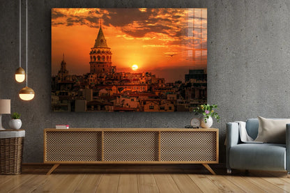 Galata Towe Sunset Sky Print Tempered Glass Wall Art 100% Made in Australia Ready to Hang