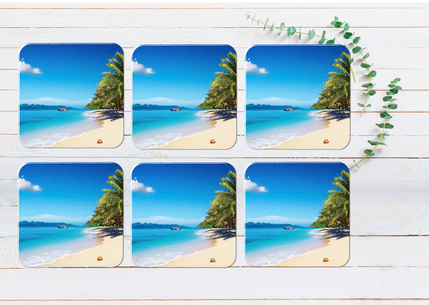 Boats on Beach & Palm Trees View Coasters Wood & Rubber - Set of 6 Coasters