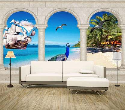 Wallpaper Murals Peel and Stick Removable Birds & Ship Sailing On Beach High Quality