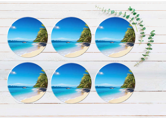 Boats on Beach & Palm Trees View Coasters Wood & Rubber - Set of 6 Coasters