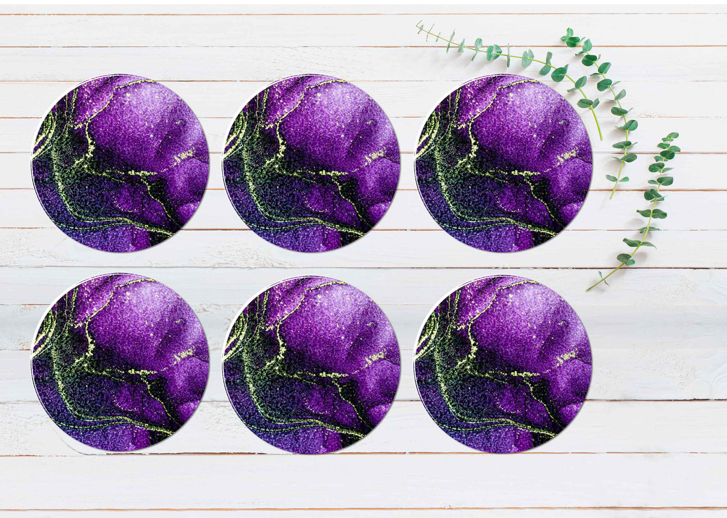 Purple Black Gold Splash Abstract Coasters Wood & Rubber - Set of 6 Coasters