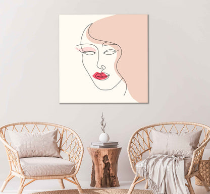 Square Canvas Red Lips & Girl Face Line Art Design High Quality Print 100% Australian Made