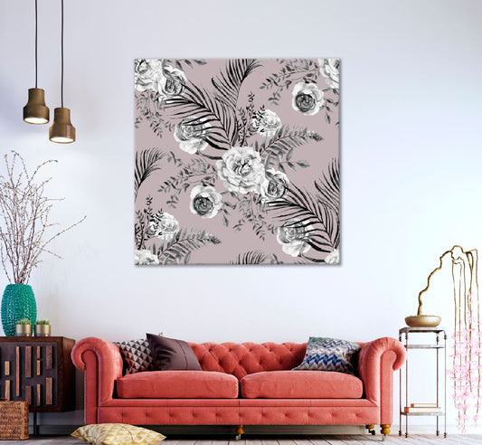 Square Canvas Roses Palm Leaves Watercolor Painting High Quality Print 100% Australian Made