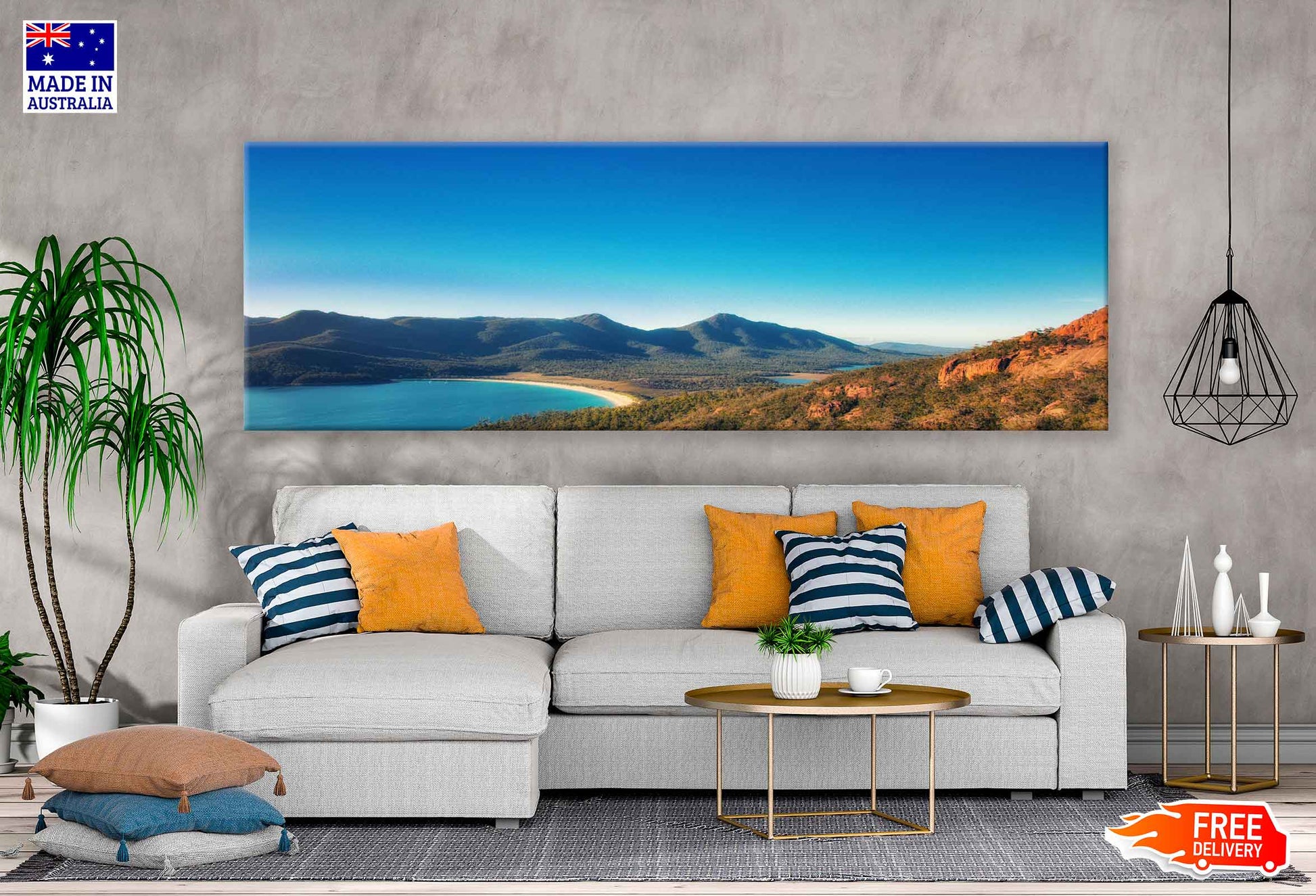 Panoramic Canvas Wineglass Bay Ocean & Mountains High Quality 100% Australian Made Wall Canvas Print Ready to Hang