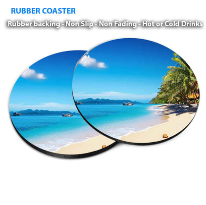 Boats on Beach & Palm Trees View Coasters Wood & Rubber - Set of 6 Coasters