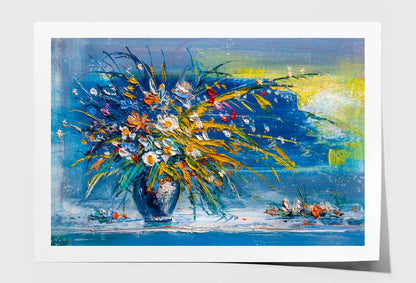 Flowers with Leaves Blue Vase Oil Painting Wall Art Limited Edition High Quality Print Unframed Roll Canvas None