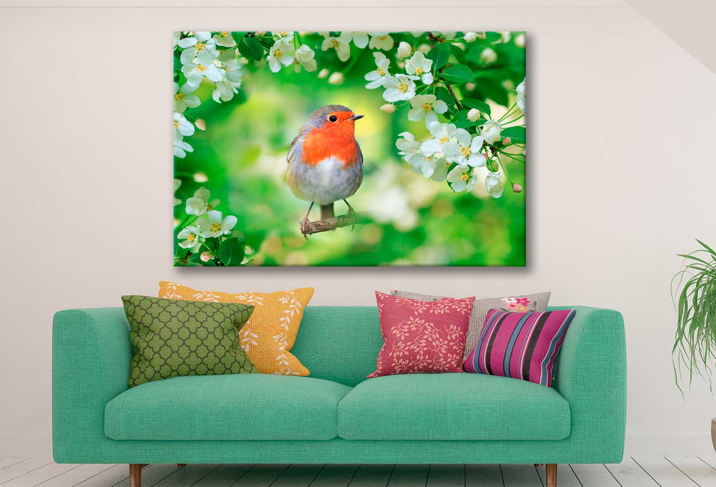 Bella Home Bird Sits on Apple Flower Branch Print Canvas Ready to hang