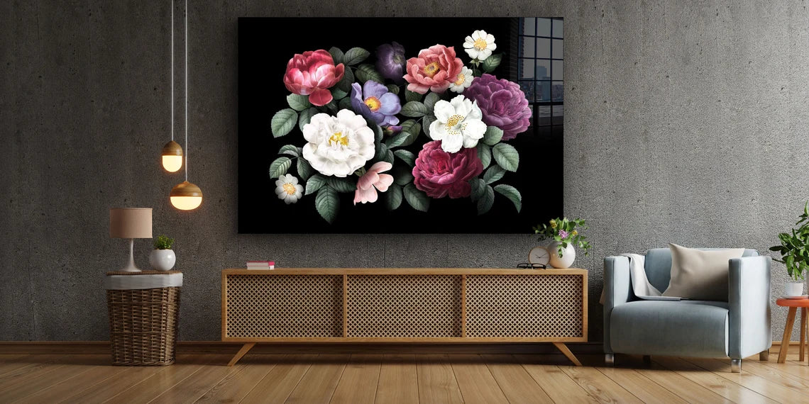 Colorful Flowers Leaves Print Tempered Glass Wall Art 100% Made in Australia Ready to Hang