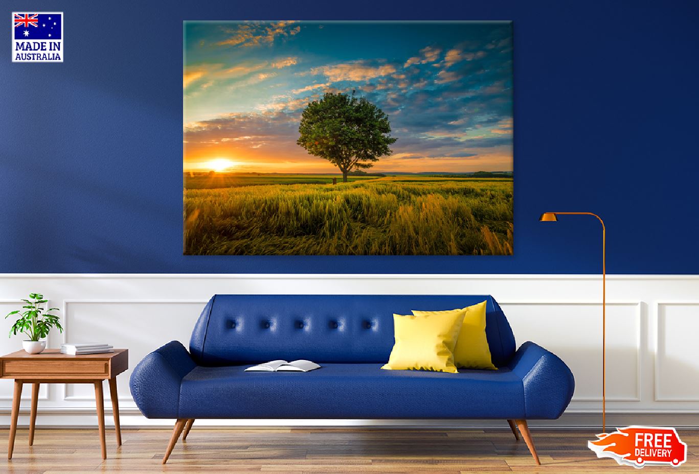 Tree Covered Grass Field Sunset Photograph Print 100% Australian Made