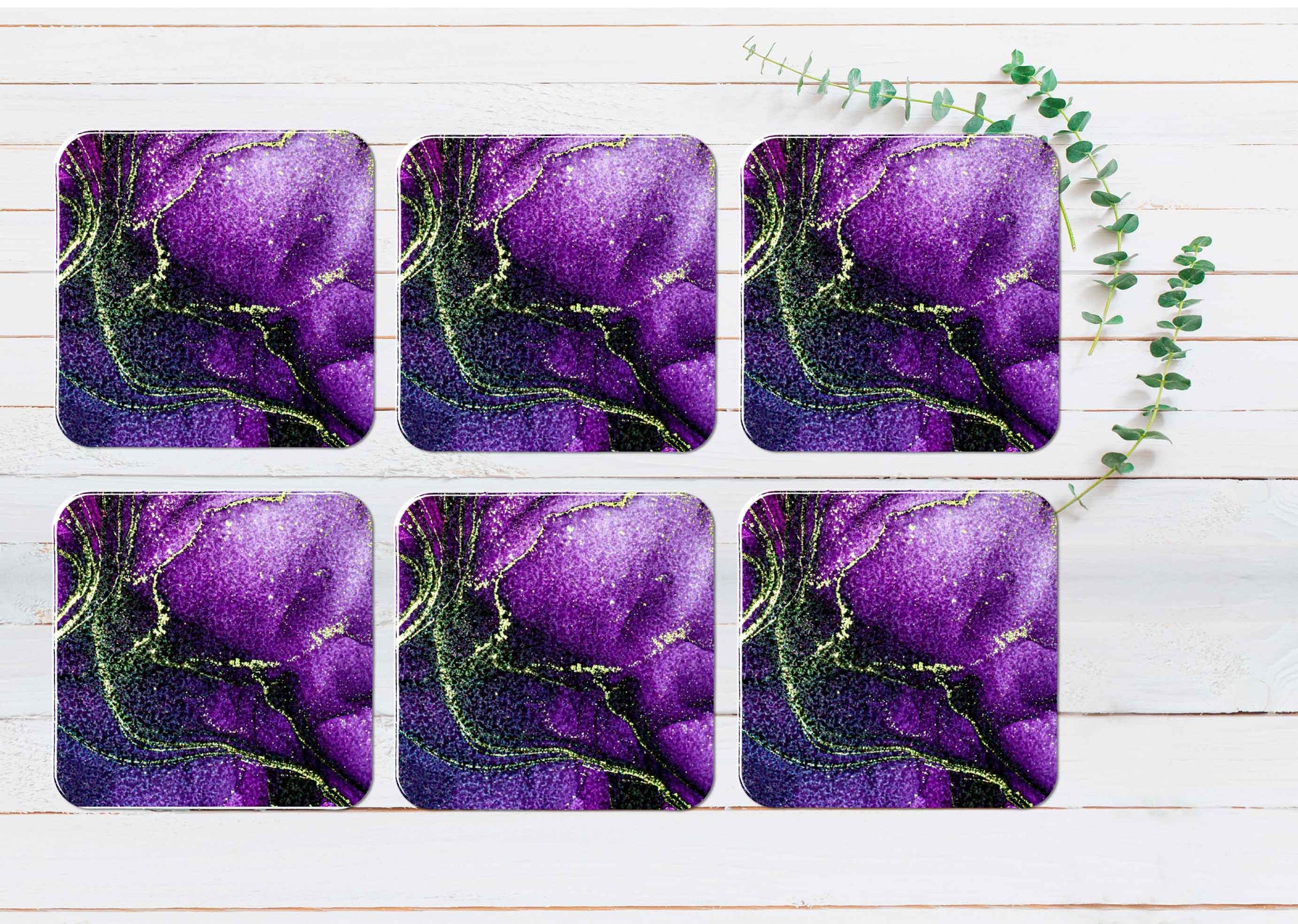 Purple Black Gold Splash Abstract Coasters Wood & Rubber - Set of 6 Coasters