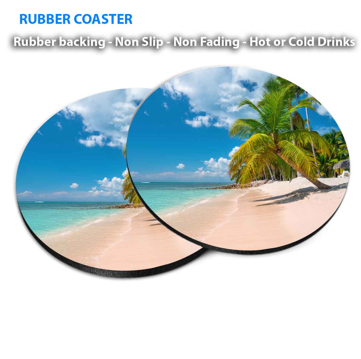 Caribbean Island Palm Trees & Clear Sea Coasters Wood & Rubber - Set of 6 Coasters