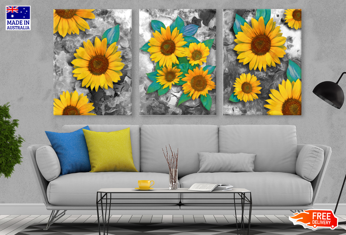 3 Set of Sun Flowers Art High Quality print 100% Australian made wall Canvas ready to hang