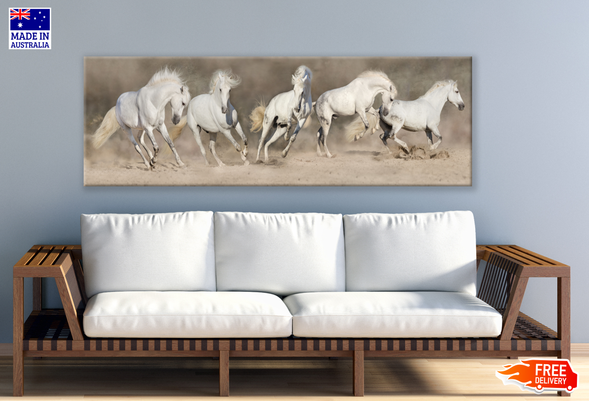 Panoramic Canvas Horses Running on Sand Ground Dust High Quality 100% Australian made wall Canvas Print ready to hang