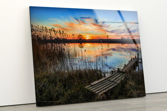 Lake & Grass Sunset Scenery Photograph Acrylic Glass Print Tempered Glass Wall Art 100% Made in Australia Ready to Hang