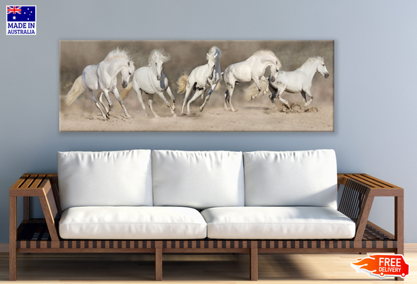 Panoramic Canvas Horses Running on Sand Ground Dust High Quality 100% Australian made wall Canvas Print ready to hang