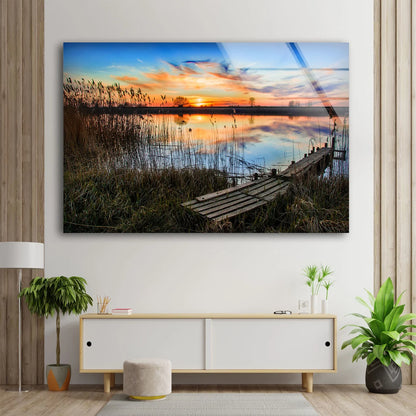 Lake & Grass Sunset Scenery Photograph Acrylic Glass Print Tempered Glass Wall Art 100% Made in Australia Ready to Hang