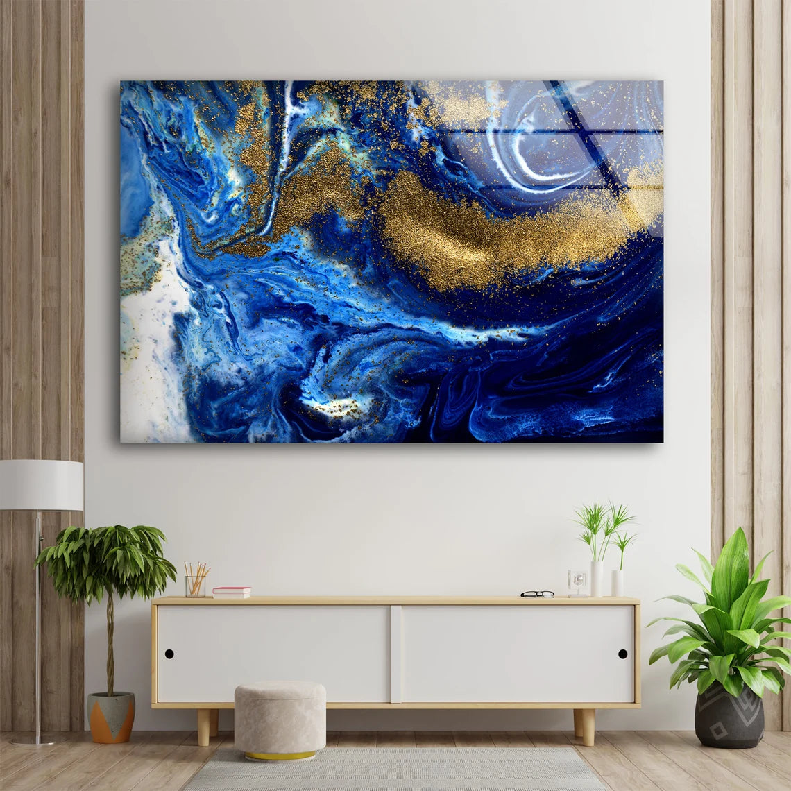 Blue Gold & White Abstract Design Acrylic Glass Print Tempered Glass Wall Art 100% Made in Australia Ready to Hang