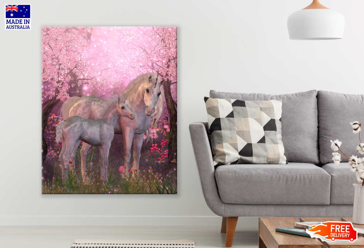 White Unicorn Horses Flower Trees Background Painting Print 100% Australian Made