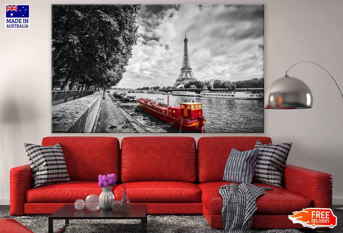 Red Canal Boat & B&W Eiffel Tower Photograph Print 100% Australian Made