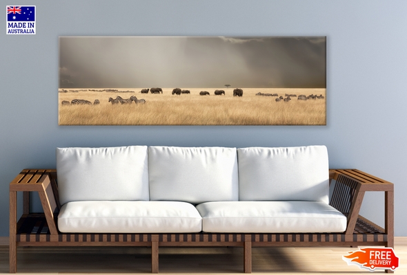 Panoramic Canvas Elephants & Zebras on a High Grass Field High Quality 100% Australian made wall Canvas Print ready to hang