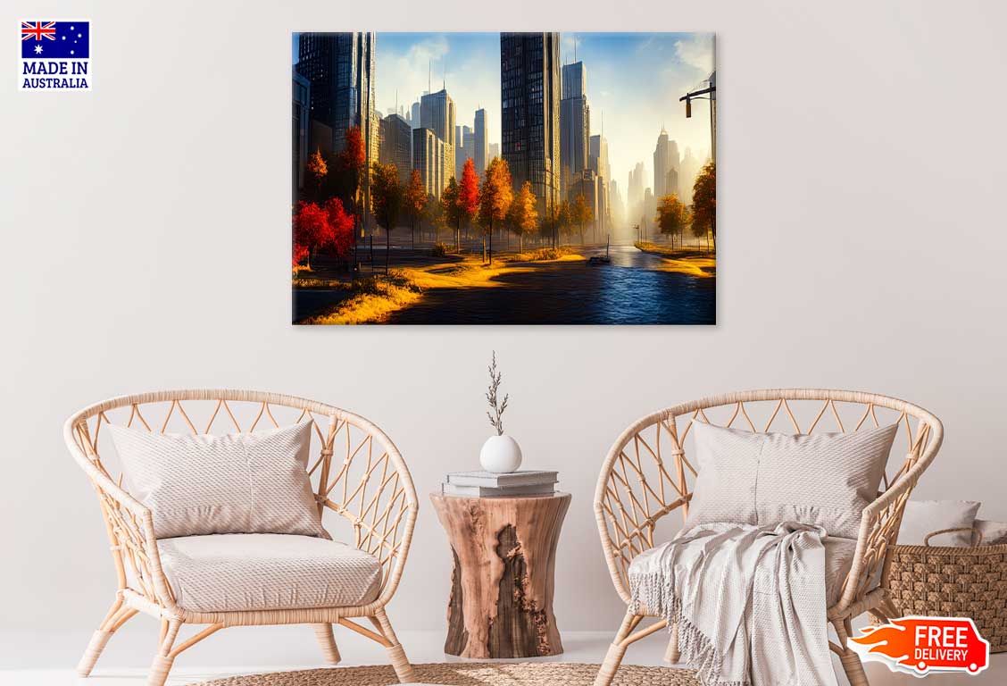 Autumn Trees & City Buildings Painting Print 100% Australian Made