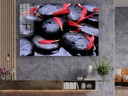 Stone And Flower Petals Print Tempered Glass Wall Art 100% Made in Australia Ready to Hang