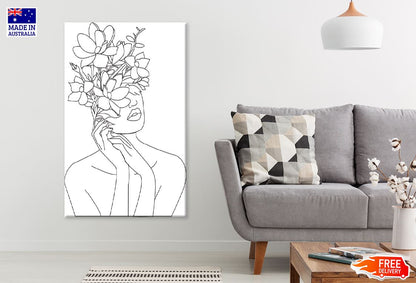 Flowers & Woman Face B&W Line Art Design Print 100% Australian Made